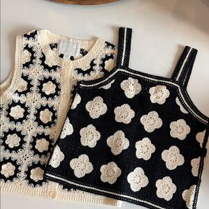 NWOT ZARA GIRLS Black and Cream Crochet Vest and Top Set